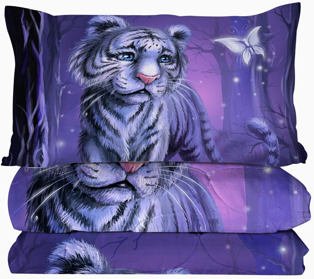 White Tiger Bedding Set King Size Comforter Set 3 Piece Forest Animal Bed Set Wild Cat Comforter for Adults Teens Purple