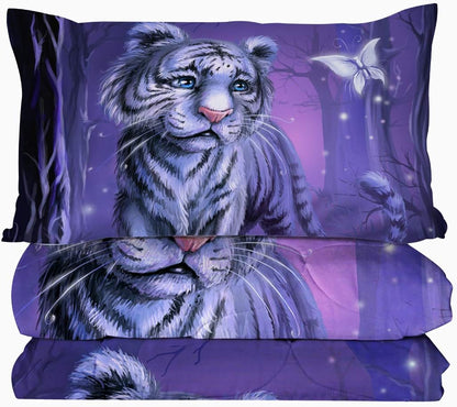 White Tiger Bedding Set King Size Comforter Set 3 Piece Forest Animal Bed Set Wild Cat Comforter for Adults Teens Purple