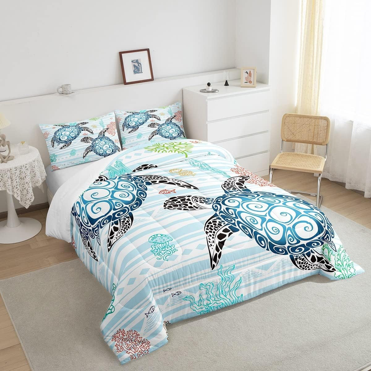 Sea Turtle Comforter Set Kawaii Room Decor, Coastal Beach Themed Bedding Set Queen Size Teen Adult Bedroom, Blue White Stripes Quilt Sea Animal Underwater World down Comforter