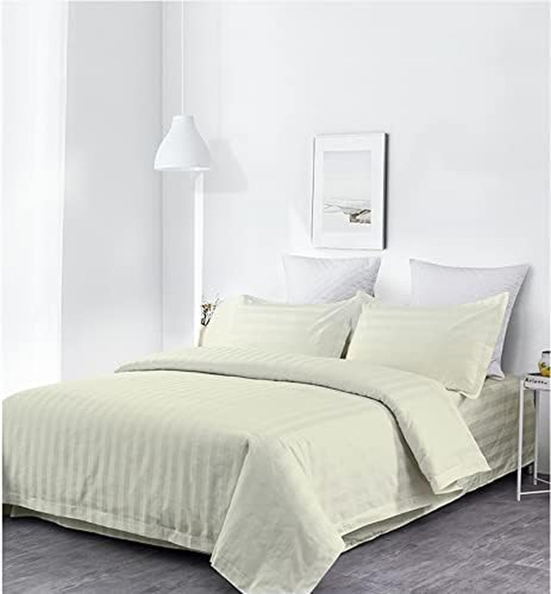 , Luxury Super Soft 100% Cotton Duvet Cover Pillowcases Fitted Sheet Set, Stripe, King, Ivory