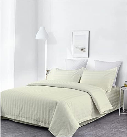 , Luxury Super Soft 100% Cotton Duvet Cover Pillowcases Fitted Sheet Set, Stripe, King, Ivory