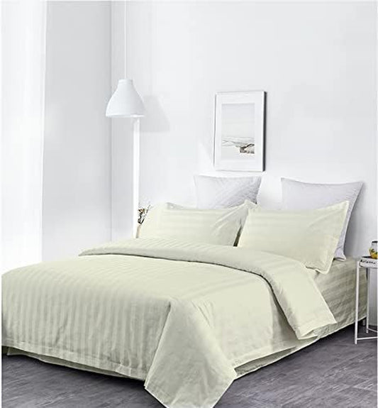 , Luxury Super Soft 100% Cotton Duvet Cover Pillowcases Fitted Sheet Set, Stripe, King, Ivory