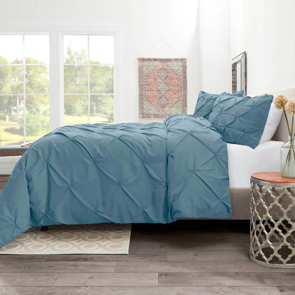 3 Piece Pinch Pleated Pintuck Duvet Cover Set with Shams, Soft Microfiber,Button Closure Bedding Set, Queen - Blue Heaven