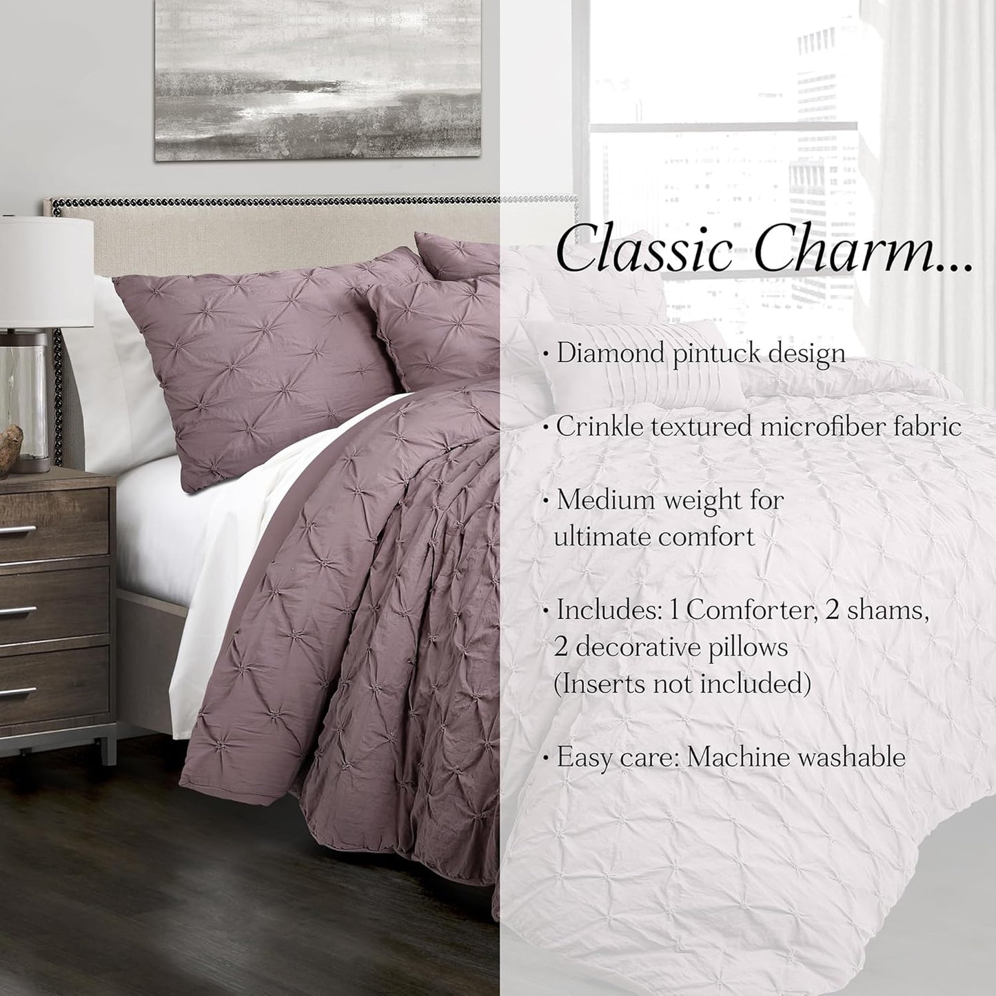 Ravello Pintuck Comforter Set - Luxe 5 Piece Textured Bedding Set - Traditional Glam & Farmhouse Inspired Bedroom Decor - Full/ Queen, Woodrose