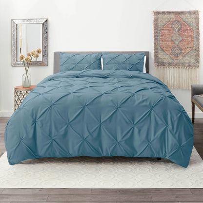 2 Piece Pinch Pleated Pintuck Duvet Cover Set with Shams, Soft Microfiber,Button Closure Bedding Set, Twin - Blue Heaven
