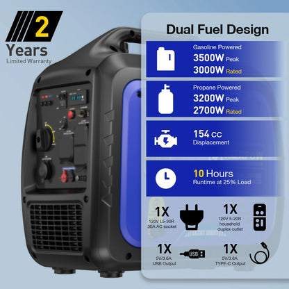 3500W Portable Inverter Generator, Dual Fuel Super Quiet Generator, Eco-Mode Feature, Parallel Capability, EPA Compliant, Lightweight for Backup Home & Camping