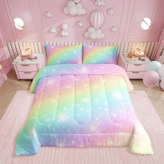 Rainbow Bedding Set Teens Women Tie Dye Pastel Comforter Set Twin Size Golden Stars Glitter Bedding Comforter Set Watercolor Art Girly Quilt Set Sweet Bedroom Decor 2 Piece