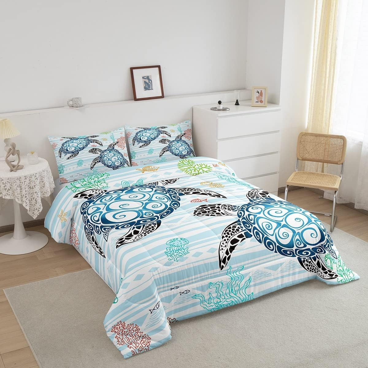 Sea Turtle Comforter Set Kawaii Room Decor, Coastal Beach Themed Bedding Set Twin Size Teen Adult Bedroom, Blue White Stripes Quilt Sea Animal Underwater World down Comforter