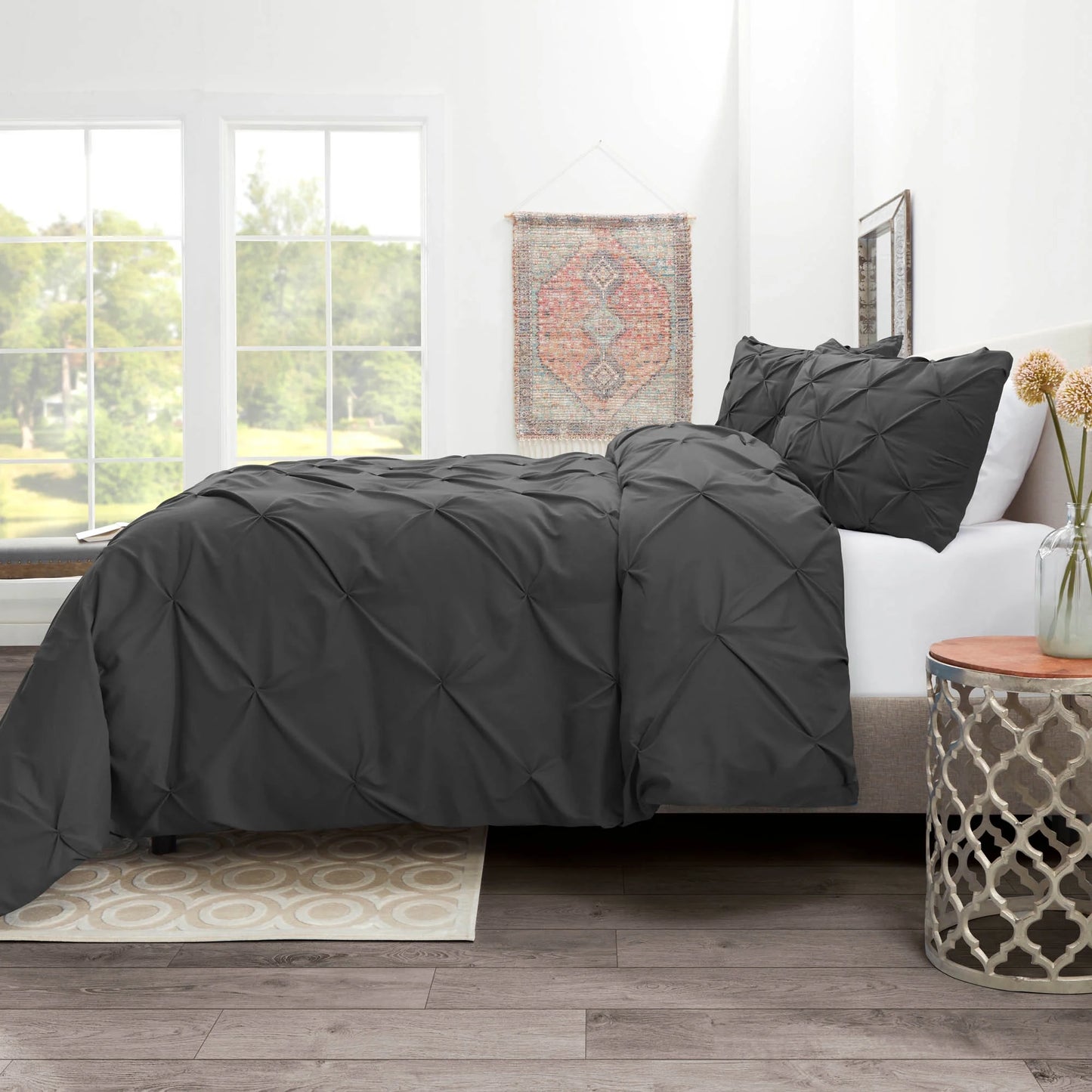 3 Piece Pinch Pleated Pintuck Duvet Cover Set with Shams, Soft Microfiber,Button Closure Bedding Set, California King - Charcoal Gray