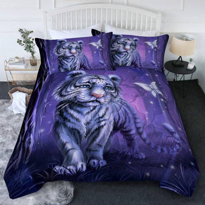White Tiger Bedding Set King Size Comforter Set 3 Piece Forest Animal Bed Set Wild Cat Comforter for Adults Teens Purple