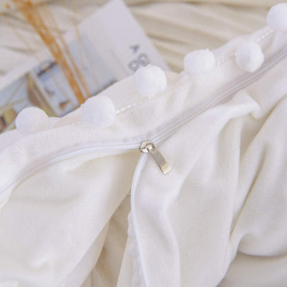 White Pom Pom Bedding Velvet Flannel Duvet Cover Twin Girls Duvet Cover Baby Teen 3 Pcs Vintage Farmhouse Boho Quilt Cover Bohemian with Hidden Zipper Closure