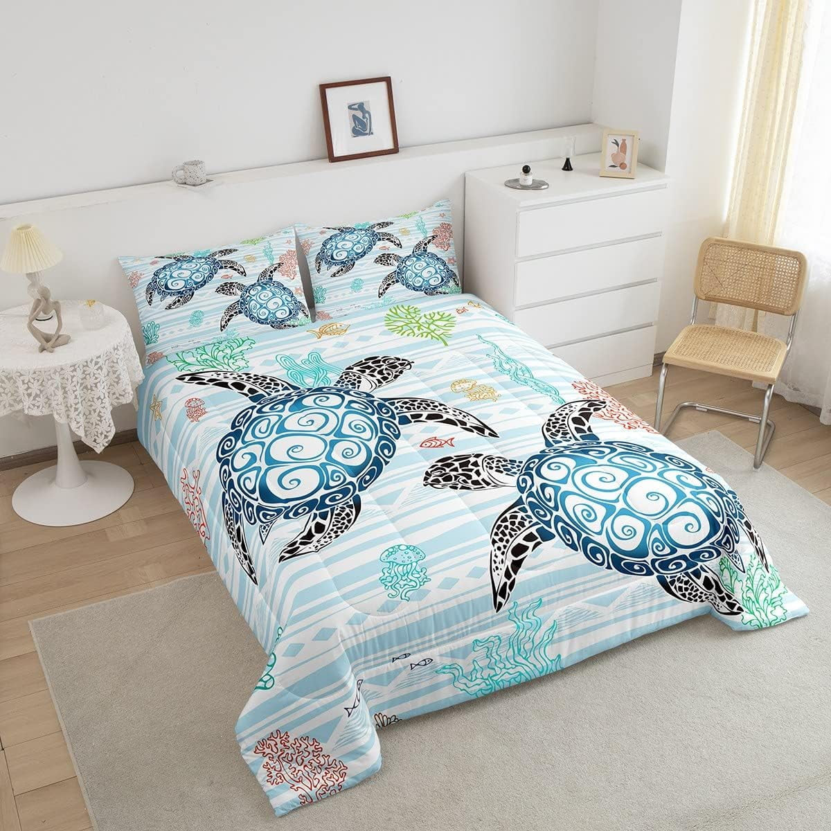Sea Turtle Comforter Set Kawaii Room Decor, Coastal Beach Themed Bedding Set Queen Size Teen Adult Bedroom, Blue White Stripes Quilt Sea Animal Underwater World down Comforter