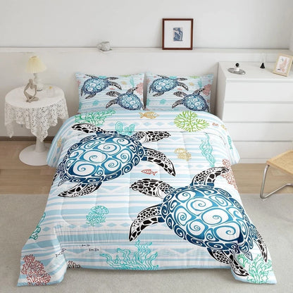 Sea Turtle Comforter Set Kawaii Room Decor, Coastal Beach Themed Bedding Set Queen Size Teen Adult Bedroom, Blue White Stripes Quilt Sea Animal Underwater World down Comforter