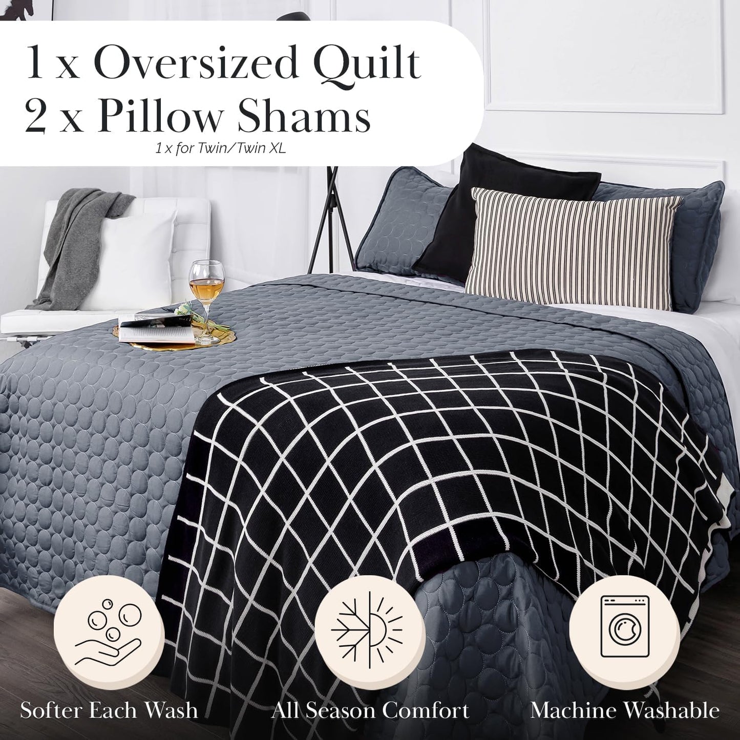 Full/Queen Quilt Bedding Set with 2 Quilted Pillow Shams, Circle Stitched Full Size Bedspread, Lightweight Blue Quilt Coverlet Queen Size, Steel Blue