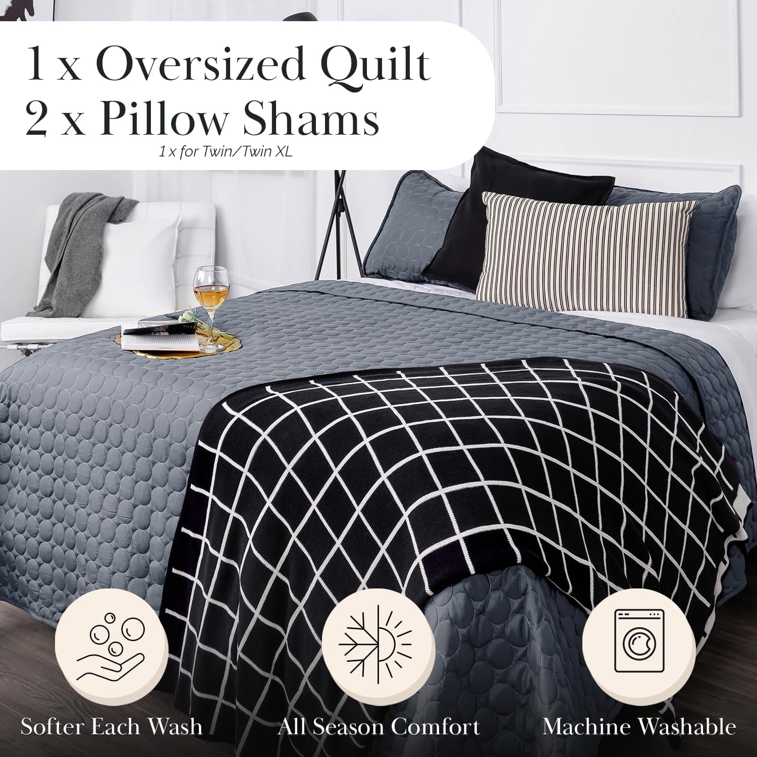 Full/Queen Quilt Bedding Set with 2 Quilted Pillow Shams, Circle Stitched Full Size Bedspread, Lightweight Blue Quilt Coverlet Queen Size, Steel Blue