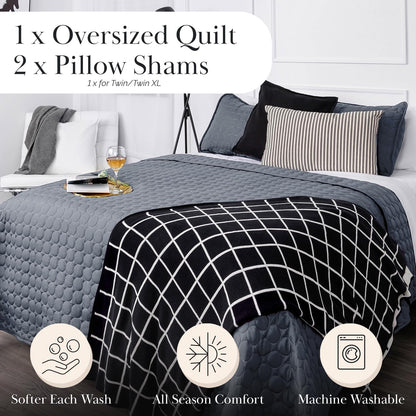 Full/Queen Quilt Bedding Set with 2 Quilted Pillow Shams, Circle Stitched Full Size Bedspread, Lightweight Blue Quilt Coverlet Queen Size, Steel Blue