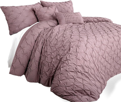 Ravello Pintuck Comforter Set - Luxe 5 Piece Textured Bedding Set - Traditional Glam & Farmhouse Inspired Bedroom Decor - Full/ Queen, Woodrose