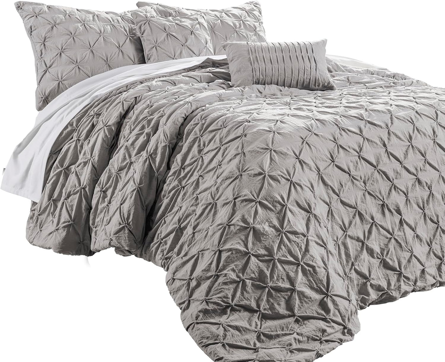 Ravello Pintuck Comforter Set - Luxe 5 Piece Textured Bedding Set - Traditional Glam & Farmhouse Inspired Bedroom Decor - Full/ Queen, Light Gray