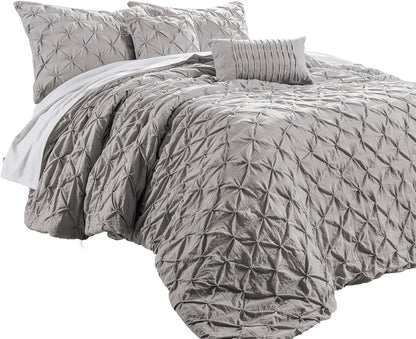 Ravello Pintuck Comforter Set - Luxe 5 Piece Textured Bedding Set - Traditional Glam & Farmhouse Inspired Bedroom Decor - Full/ Queen, Light Gray
