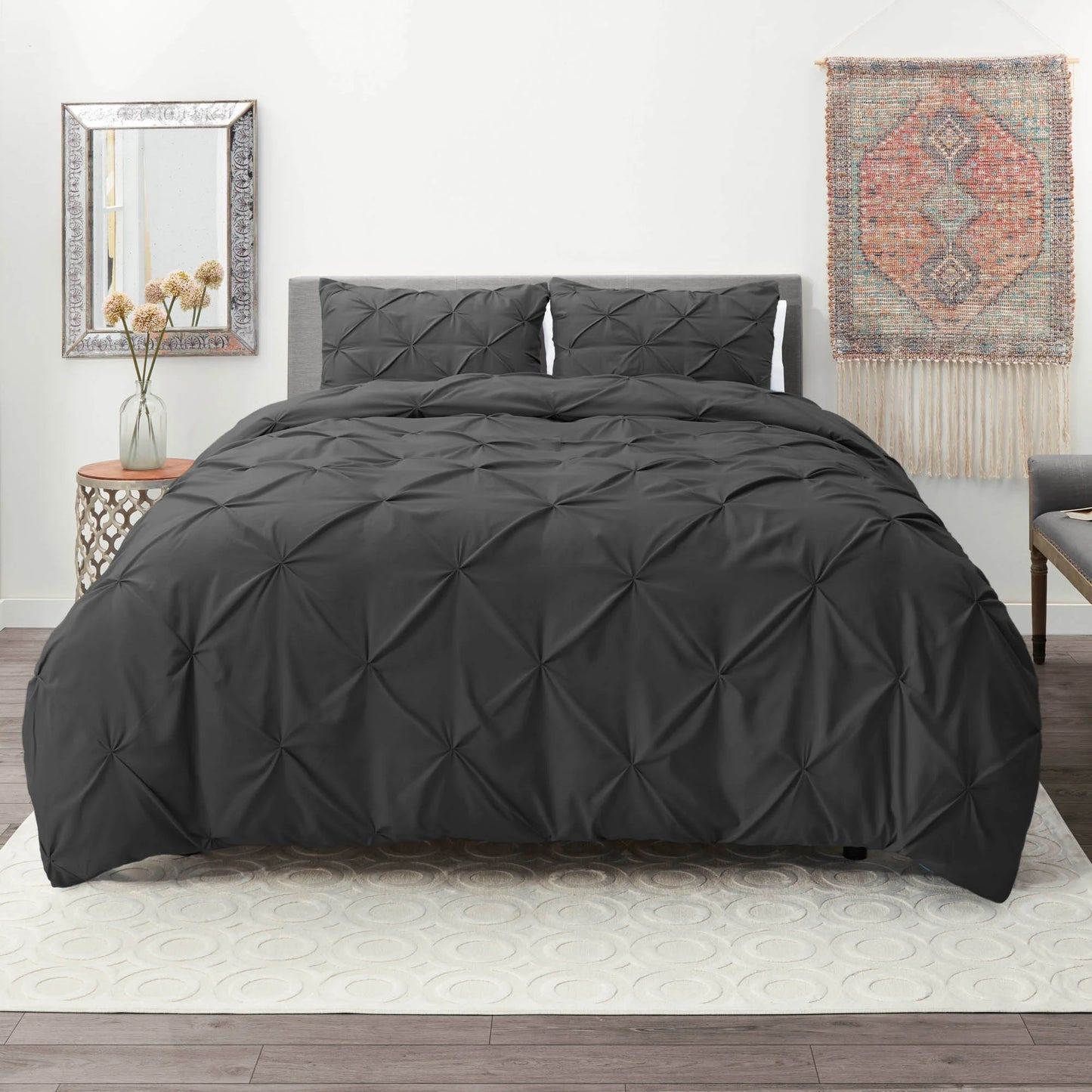 3 Piece Pinch Pleated Pintuck Duvet Cover Set with Shams, Soft Microfiber,Button Closure Bedding Set, California King - Charcoal Gray