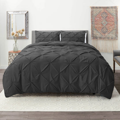 3 Piece Pinch Pleated Pintuck Duvet Cover Set with Shams, Soft Microfiber,Button Closure Bedding Set, California King - Charcoal Gray