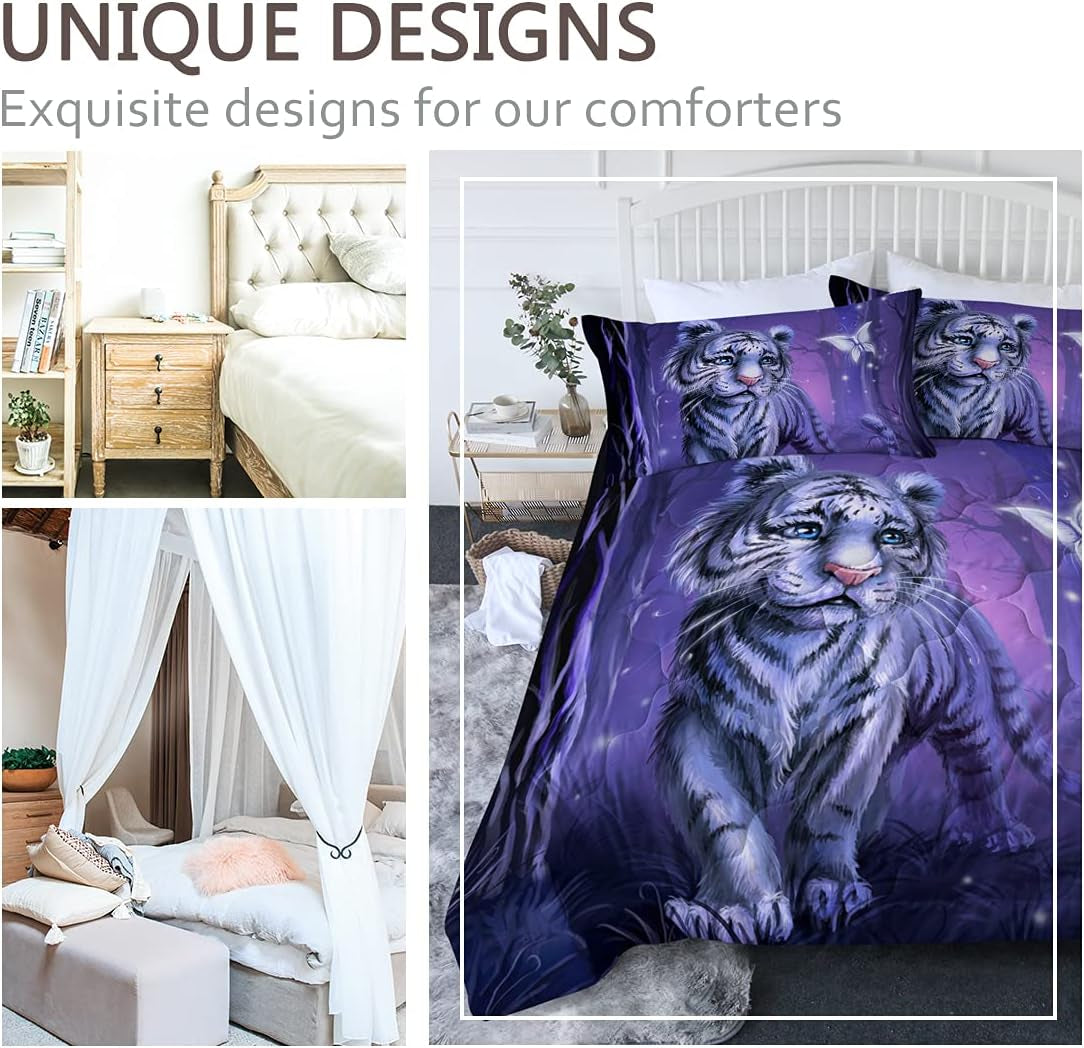 White Tiger Bedding Set King Size Comforter Set 3 Piece Forest Animal Bed Set Wild Cat Comforter for Adults Teens Purple
