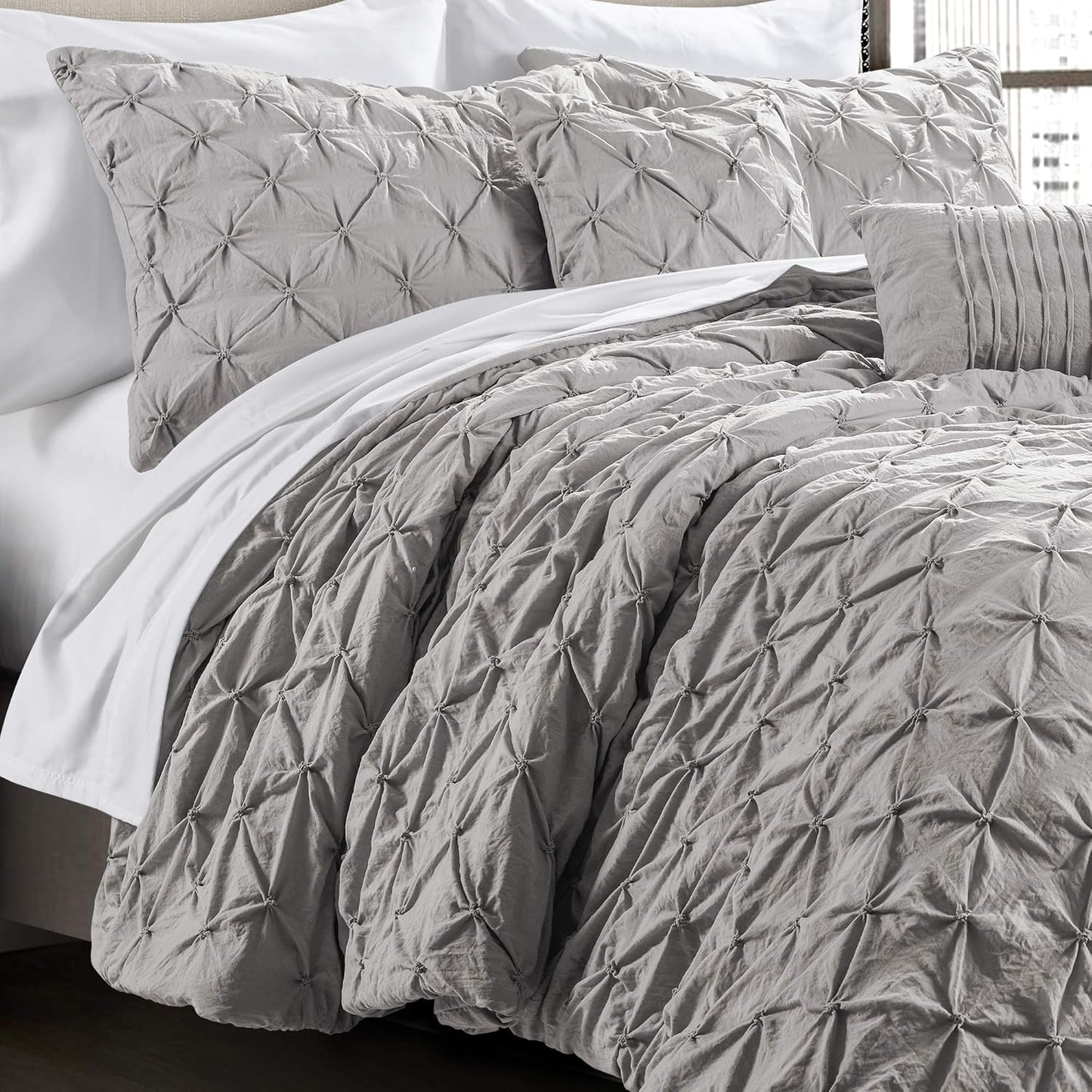 Ravello Pintuck Comforter Set - Luxe 5 Piece Textured Bedding Set - Traditional Glam & Farmhouse Inspired Bedroom Decor - Full/ Queen, Light Gray