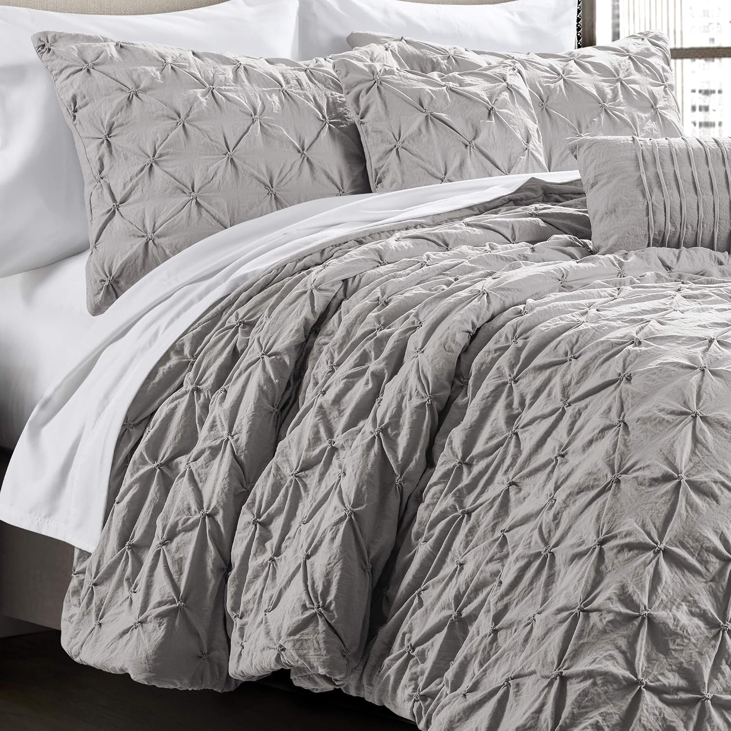 Ravello Pintuck Comforter Set - Luxe 5 Piece Textured Bedding Set - Traditional Glam & Farmhouse Inspired Bedroom Decor - Full/ Queen, Light Gray