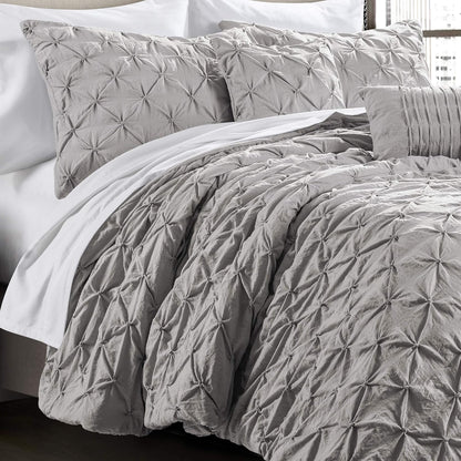 Ravello Pintuck Comforter Set - Luxe 5 Piece Textured Bedding Set - Traditional Glam & Farmhouse Inspired Bedroom Decor - Full/ Queen, Light Gray