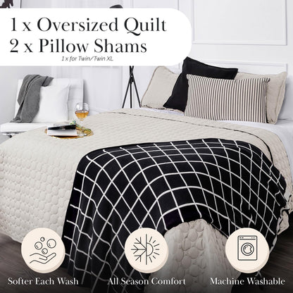 Quilted Summer Comforter, King Size Quilt Bedding Set with 2 Pillow Shams, Geometric Circle Design, Lightweight Bedspread, California/King Size Coverlet, Comfy Soft, Bone