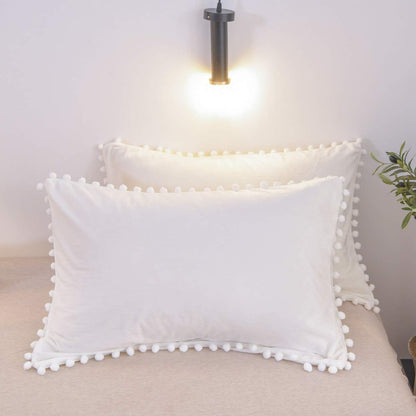 White Pom Pom Bedding Velvet Flannel Duvet Cover Twin Girls Duvet Cover Baby Teen 3 Pcs Vintage Farmhouse Boho Quilt Cover Bohemian with Hidden Zipper Closure