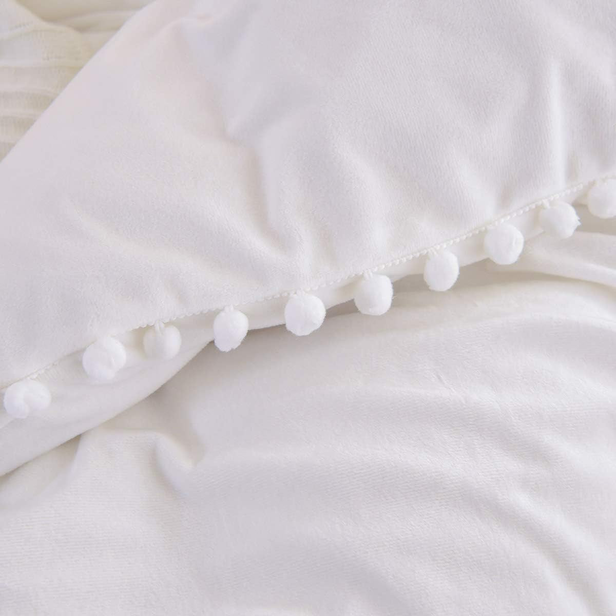 White Pom Pom Bedding Velvet Flannel Duvet Cover Twin Girls Duvet Cover Baby Teen 3 Pcs Vintage Farmhouse Boho Quilt Cover Bohemian with Hidden Zipper Closure