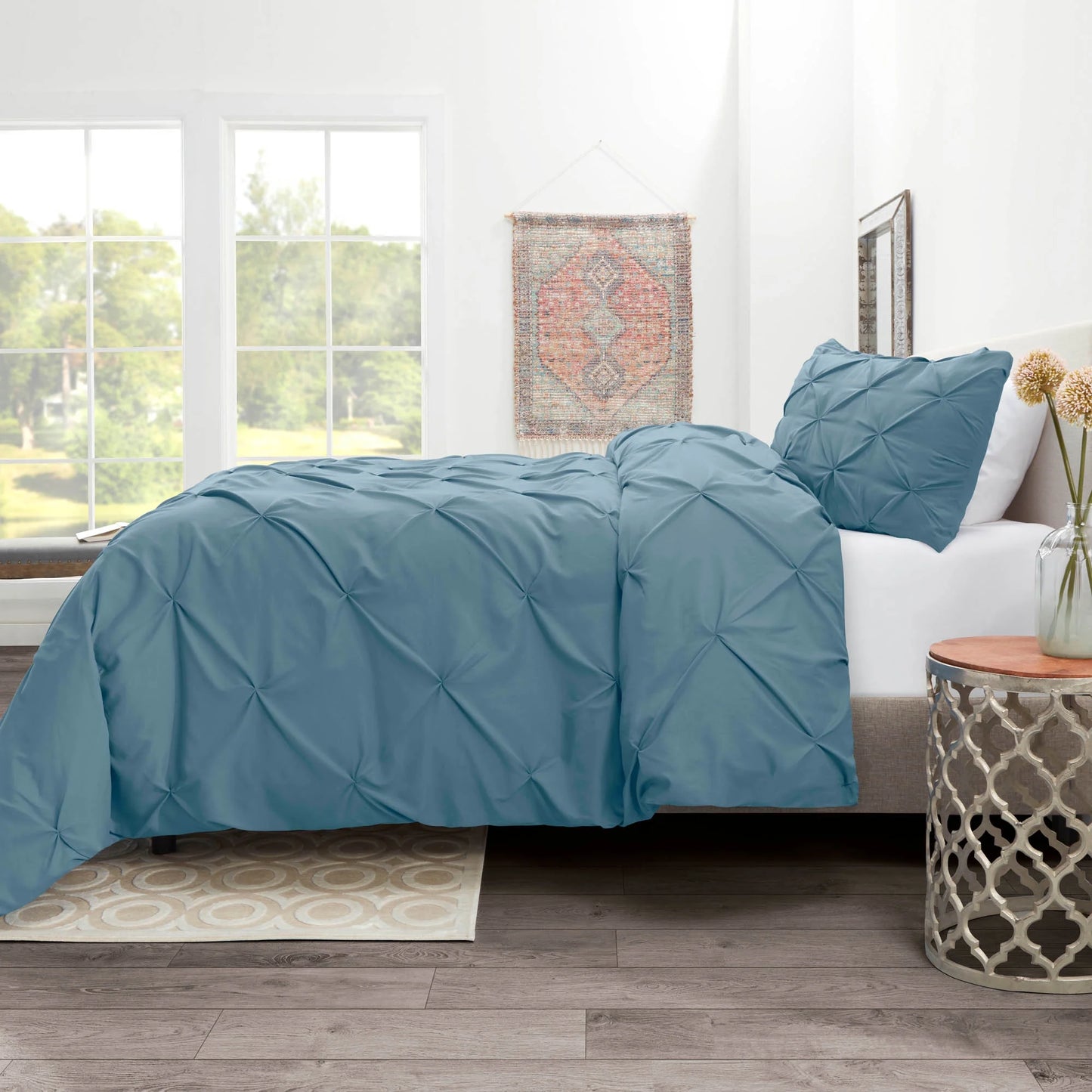 2 Piece Pinch Pleated Pintuck Duvet Cover Set with Shams, Soft Microfiber,Button Closure Bedding Set, Twin - Blue Heaven