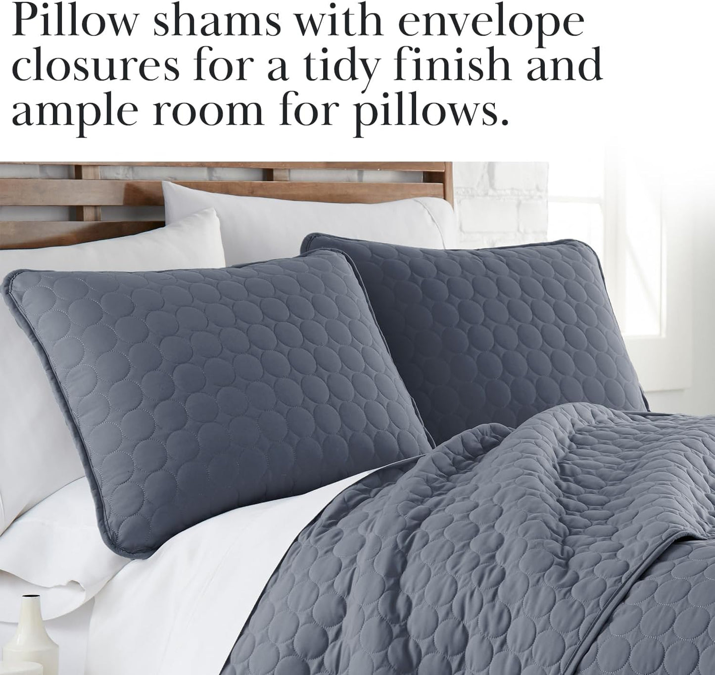 Full/Queen Quilt Bedding Set with 2 Quilted Pillow Shams, Circle Stitched Full Size Bedspread, Lightweight Blue Quilt Coverlet Queen Size, Steel Blue