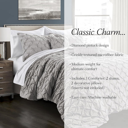 Ravello Pintuck Comforter Set - Luxe 5 Piece Textured Bedding Set - Traditional Glam & Farmhouse Inspired Bedroom Decor - Full/ Queen, Light Gray