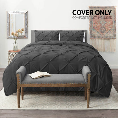 3 Piece Pinch Pleated Pintuck Duvet Cover Set with Shams, Soft Microfiber,Button Closure Bedding Set, California King - Charcoal Gray